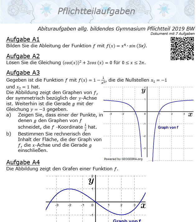 Abituraufgaben allg. bildendes Gymnasium Pflichtteil 2019 BW© by www.fit-in-mathe-online
