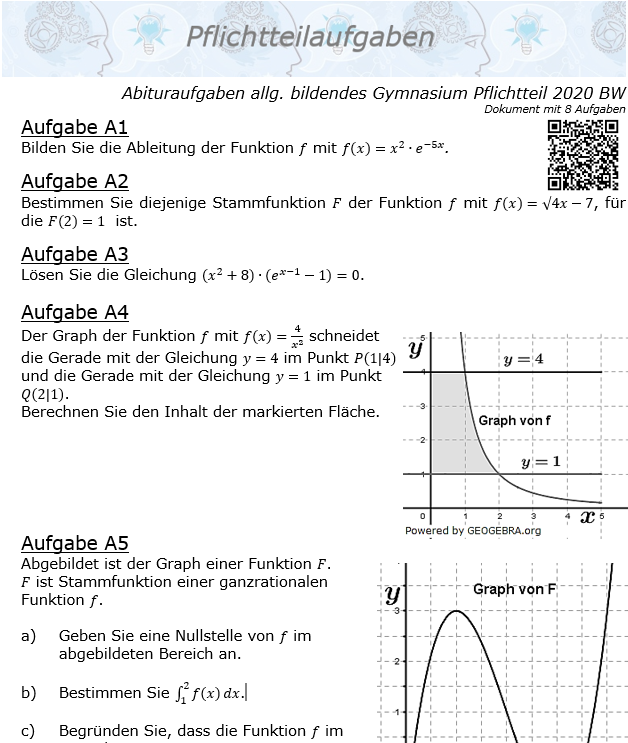 Abituraufgaben allg. bildendes Gymnasium Pflichtteil 2020 BW© by www.fit-in-mathe-online
