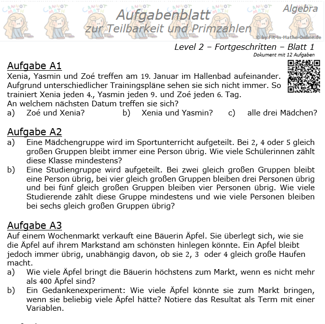 Algebra - Teilbarkeit und Primzahlen Fortgeschritten Aufgabenblatt 1 / © by Fit-in-Mathe-Online.de