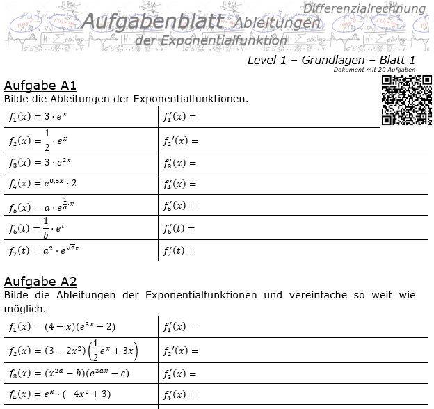 Ableitung der Exponentialfunktion Aufgabenblatt 1/1 / © by Fit-in-Mathe-Online.de