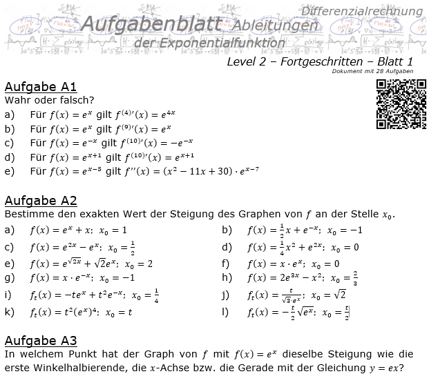 Ableitung der Exponentialfunktion Aufgabenblatt 2/1 / © by Fit-in-Mathe-Online.de