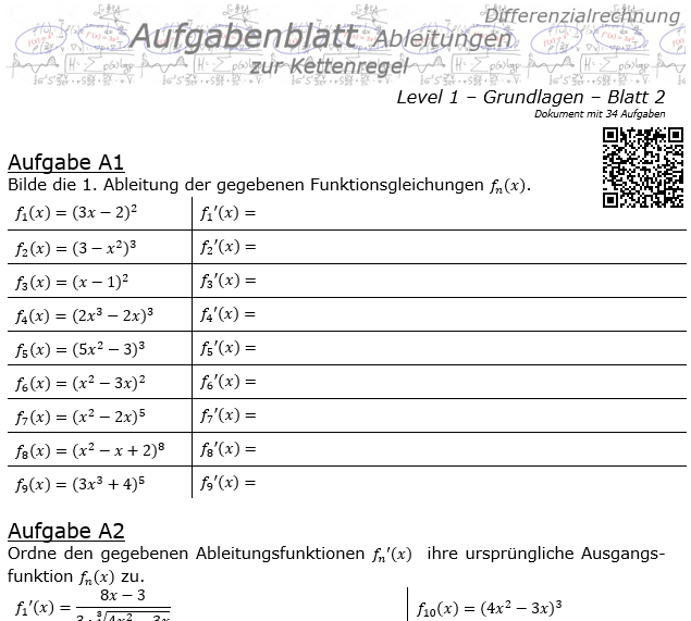 Kettenregel Aufgabenblatt Level 1 / Blatt 2 / © by Fit-in-Mathe-Online.de