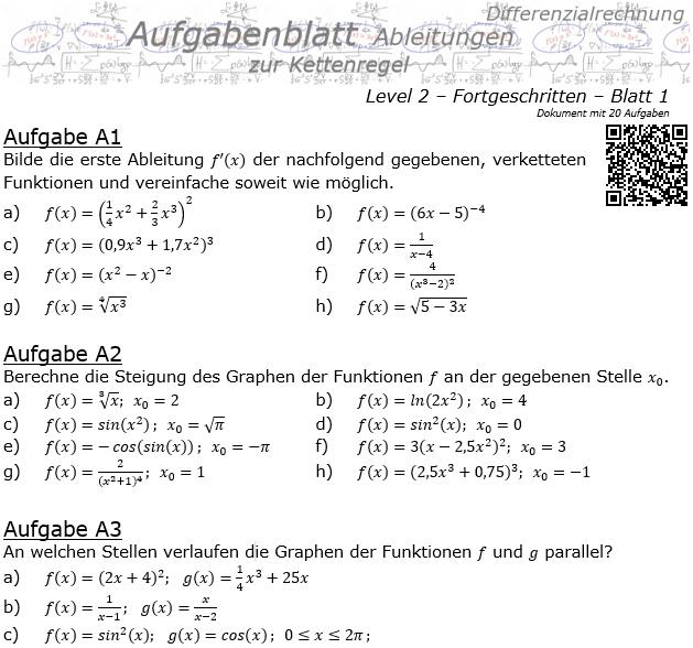 Kettenregel Aufgabenblatt Level 2 / Blatt 1 / © by Fit-in-Mathe-Online.de