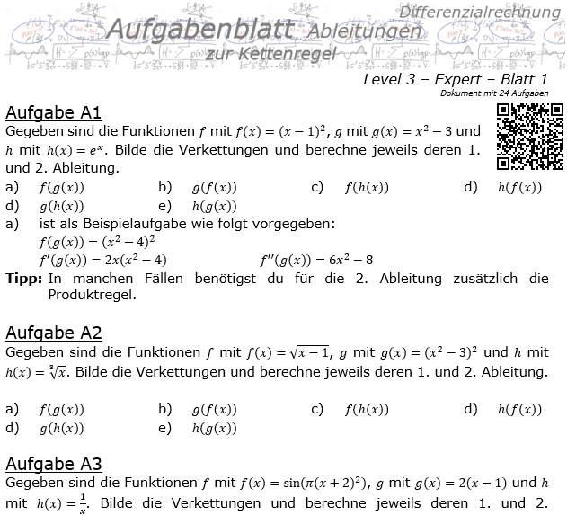 Kettenregel Aufgabenblatt Level 3 / Blatt 1 / © by Fit-in-Mathe-Online.de