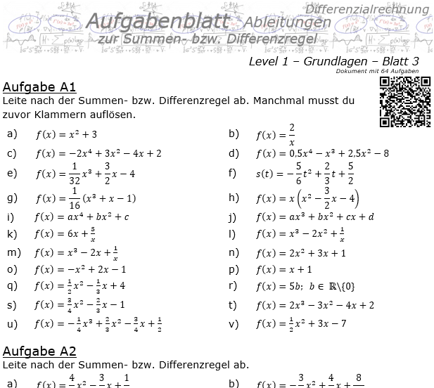 Summenregel und Differenzregel der Ableitungen Aufgabenblatt 1/3 / © by Fit-in-Mathe-Online.de