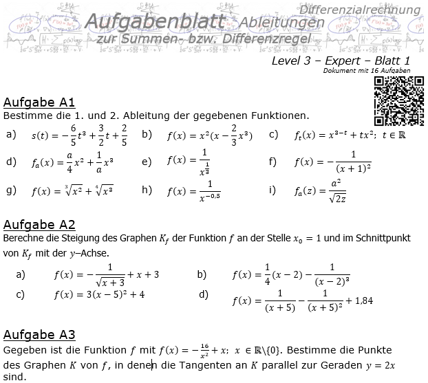 Summenregel und Differenzregel der Ableitungen Aufgabenblatt 3/1 / © by Fit-in-Mathe-Online.de