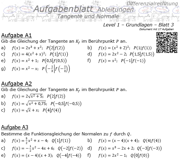 Tangente und Normale in der Differenzialrechnung Aufgabenblatt 1/3 / © by Fit-in-Mathe-Online.de