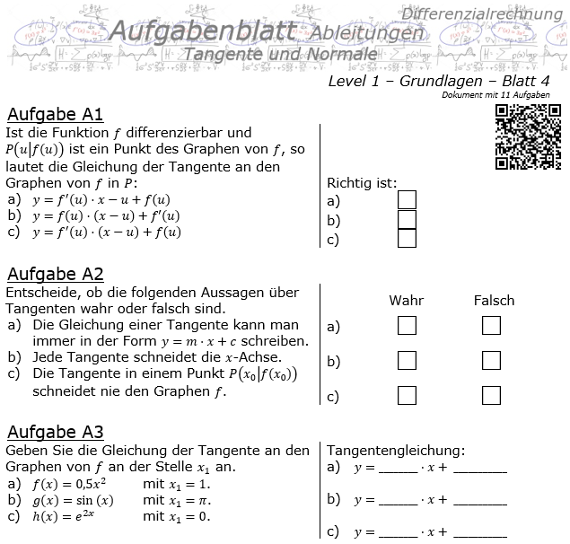 Tangente und Normale in der Differenzialrechnung Aufgabenblatt 1/4 / © by Fit-in-Mathe-Online.de