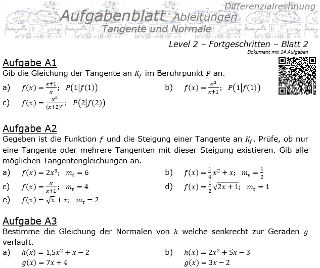 Tangente und Normale in der Differenzialrechnung Aufgabenblatt 2/2 / © by Fit-in-Mathe-Online.de