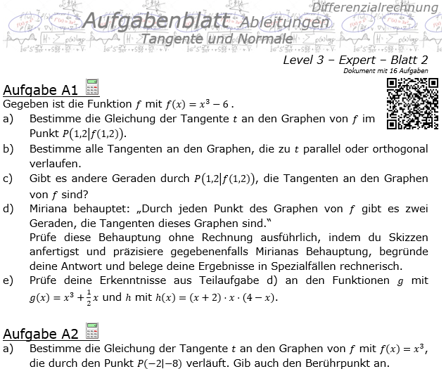 Tangente und Normale in der Differenzialrechnung Aufgabenblatt 3/2 / © by Fit-in-Mathe-Online.de