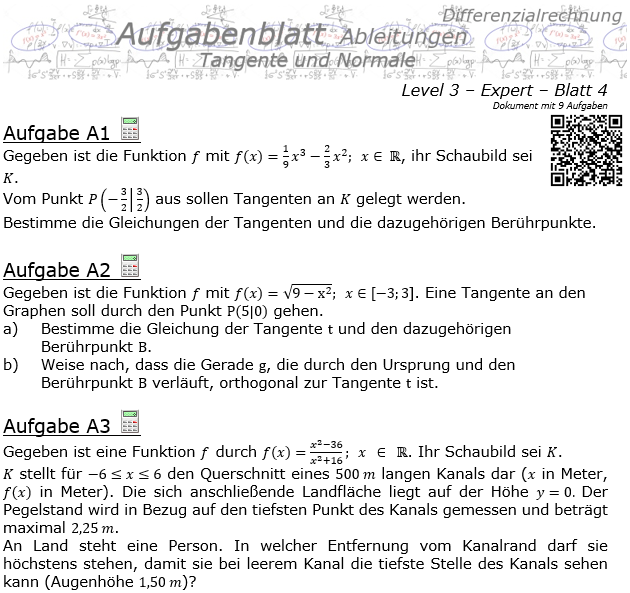 Tangente und Normale in der Differenzialrechnung Aufgabenblatt 3/4 / © by Fit-in-Mathe-Online.de