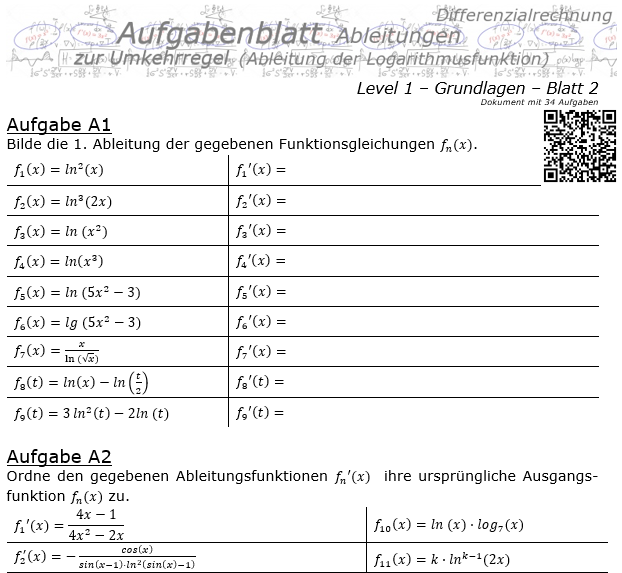 Ableitung Logarithmusfunktion (Umkehrregel) Aufgabenblatt 1/2 / © by Fit-in-Mathe-Online.de