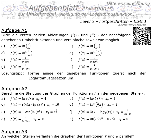Ableitung Logarithmusfunktion (Umkehrregel) Aufgabenblatt 2/1 / © by Fit-in-Mathe-Online.de