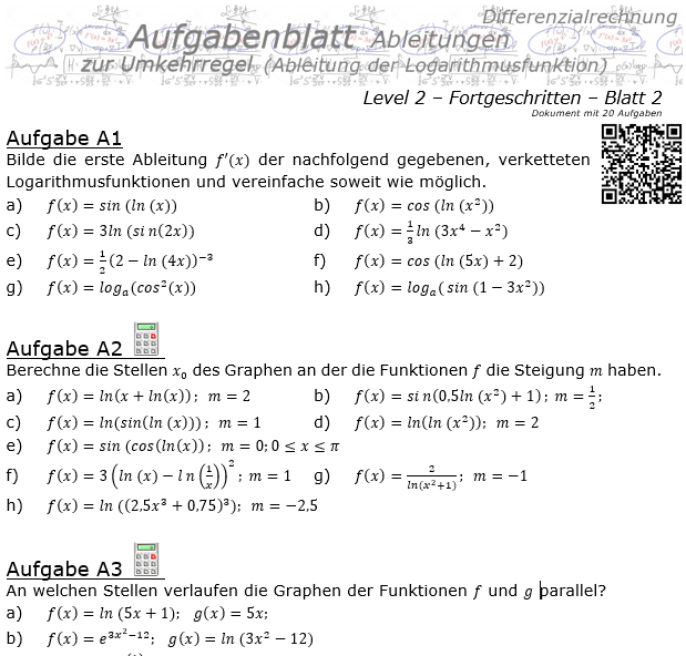 Ableitung Logarithmusfunktion (Umkehrregel) Aufgabenblatt 2/2 / © by Fit-in-Mathe-Online.de