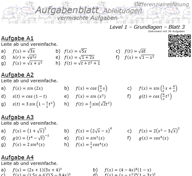 Ableitungen vermischte Aufgaben Aufgabenblatt Level 1 / Blatt 3 / © by Fit-in-Mathe-Online.de