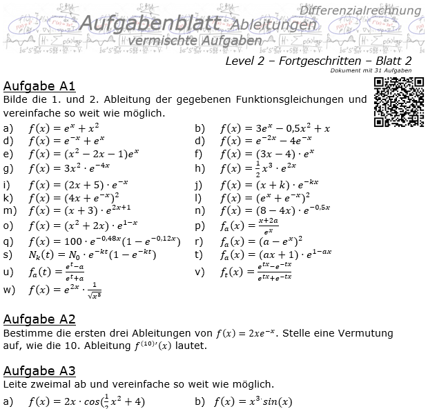 Ableitungen vermischte Aufgaben Aufgabenblatt Level 2 / Blatt 2 / © by Fit-in-Mathe-Online.de