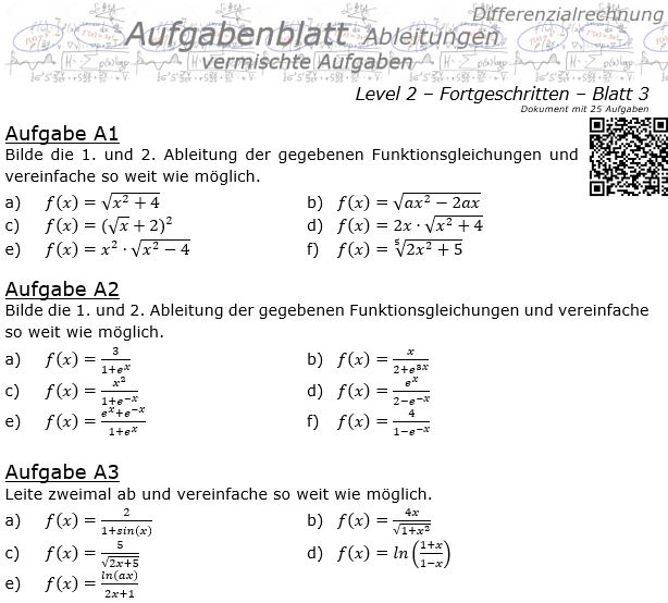 Ableitungen vermischte Aufgaben Aufgabenblatt Level 2 / Blatt 3 / © by Fit-in-Mathe-Online.de