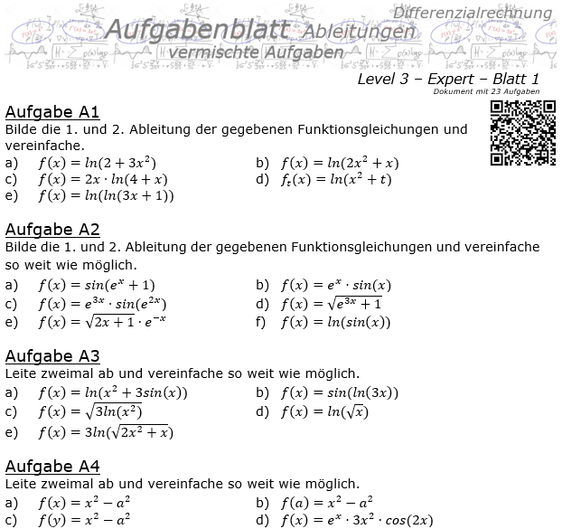 Ableitungen vermischte Aufgaben Aufgabenblatt Level 3 / Blatt 1 / © by Fit-in-Mathe-Online.de