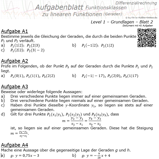 Lineare Funktionen (Geraden) Aufgabenblatt 1/2 / © by Fit-in-Mathe-Online.de
