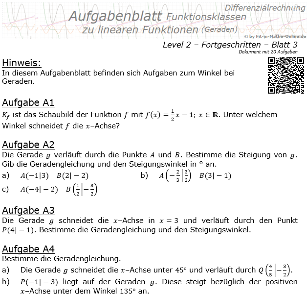 Lineare Funktionen Geraden und Schnittwinkel Aufgabenblatt 2/3 / © by Fit-in-Mathe-Online.de