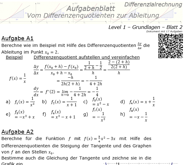 Vom Differenzenquotienten zur Ableitung Aufgabenblatt 1/2 / © by Fit-in-Mathe-Online.de