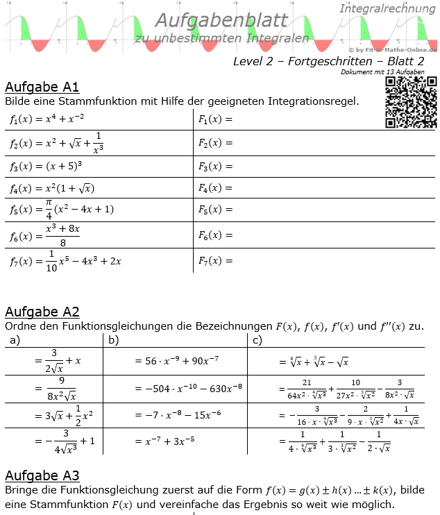 Integral und Stammfunktion Basisaufgaben Aufgabenblatt Level 2 / Blatt 2 / © by Fit-in-Mathe-Online.de