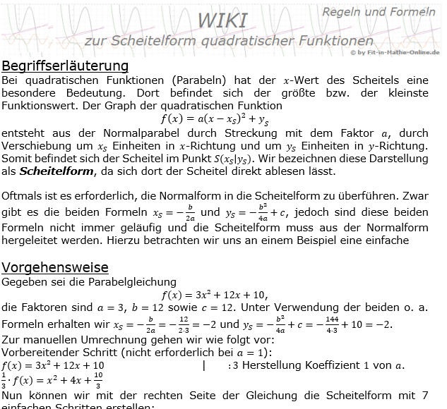 WIKI quadratische Funktionen Scheitelform/© by www.fit-in-mathe-online.de