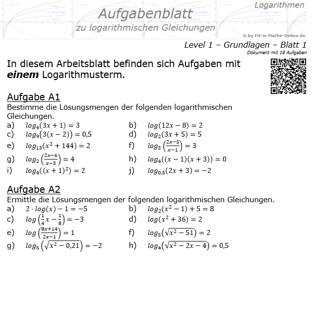 Logarithmische Gleichungen Aufgabenblatt 01 / © by Fit-in-Mathe-Online.de