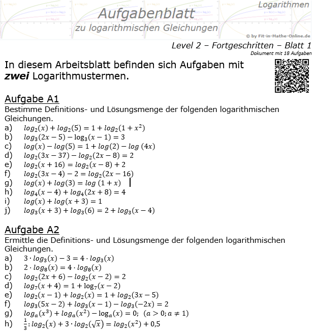 Logarithmische Gleichungen Fortgeschritten Aufgabenblatt 01 / © by Fit-in-Mathe-Online.de