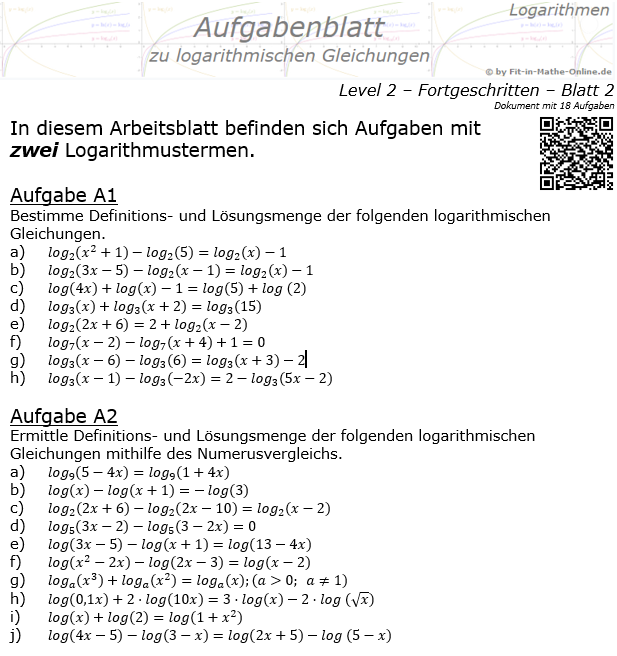 Logarithmische Gleichungen Fortgeschritten Aufgabenblatt 02 / © by Fit-in-Mathe-Online.de