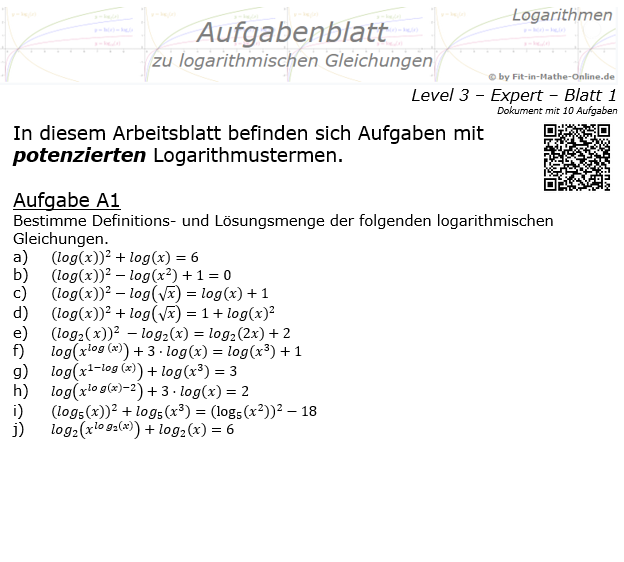 Logarithmische Gleichungen Expert Aufgabenblatt 01 / © by Fit-in-Mathe-Online.de
