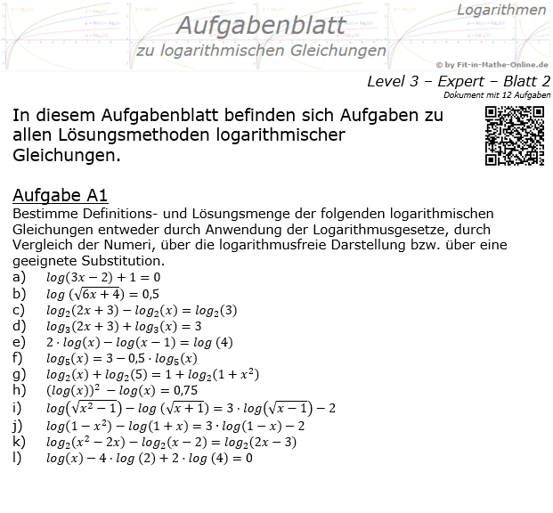Logarithmische Gleichungen Expert Aufgabenblatt 02 / © by Fit-in-Mathe-Online.de