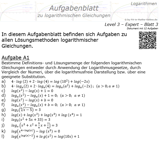 Logarithmische Gleichungen Expert Aufgabenblatt 03 / © by Fit-in-Mathe-Online.de