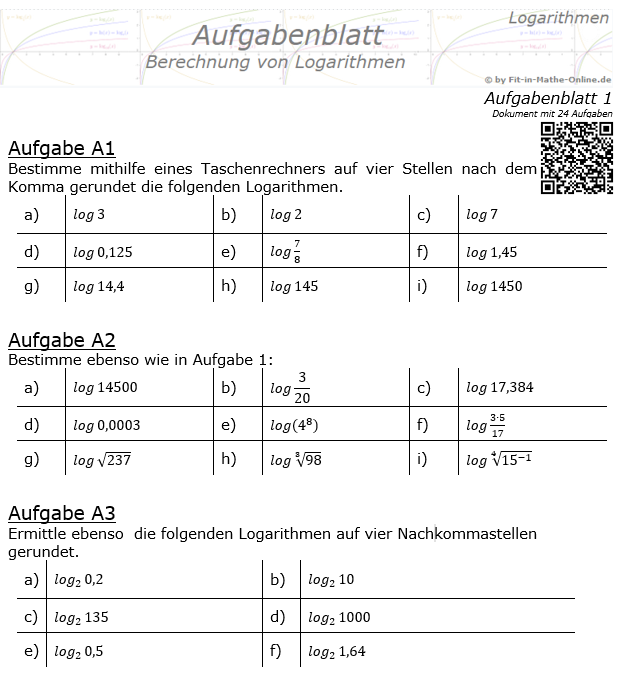Berechnung von Logarithmen Aufgabenblatt 01 / © by Fit-in-Mathe-Online.de