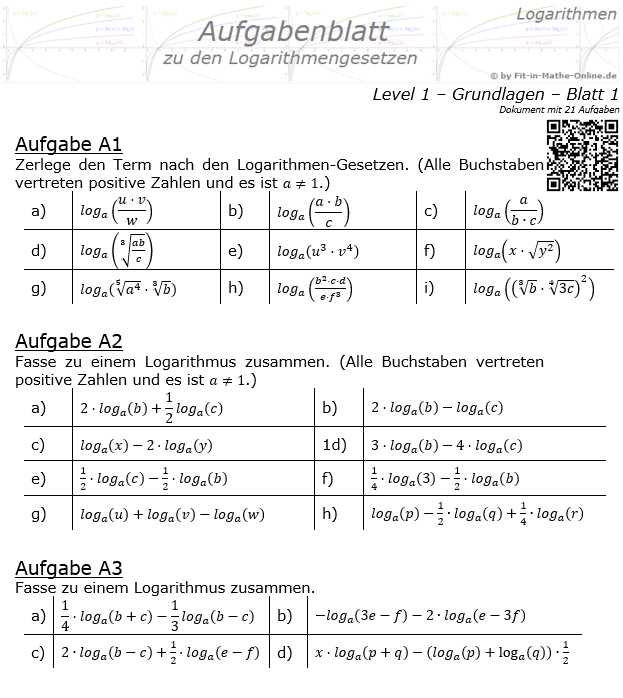 Logarithmengesetze Aufgabenblatt 01 Grundlagen 1/1 / © by Fit-in-Mathe-Online.de