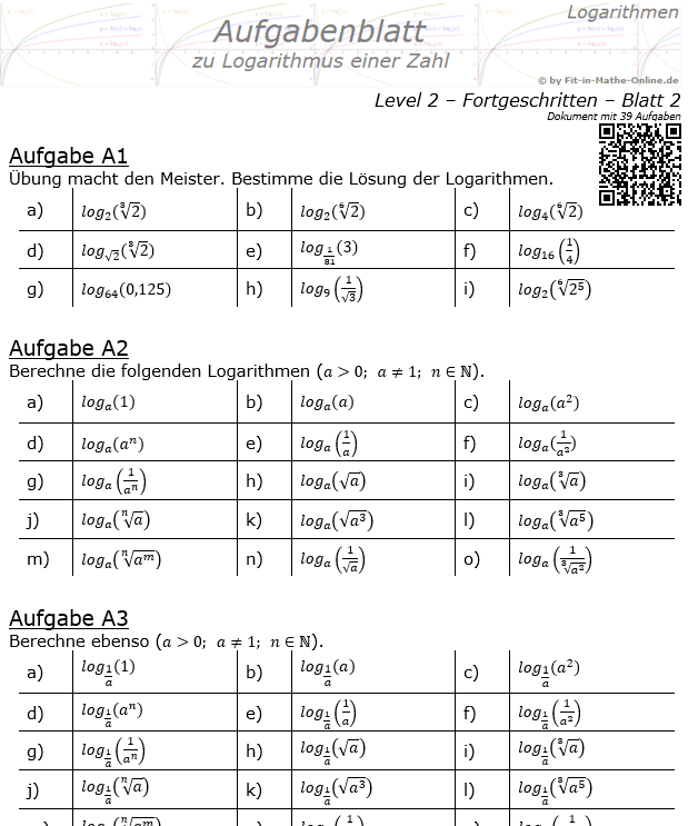 Logarithmus einer Zahl Aufgabenblatt 02 Fortgeschritten 2/2 / © by Fit-in-Mathe-Online.de