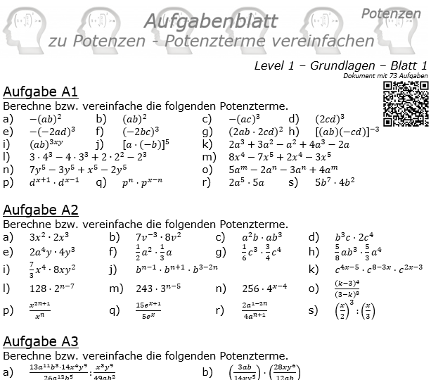 Potenzterme vereinfachen Aufgabenblatt Level 1 / Blatt 1 © by www.fit-in-mathe-online
