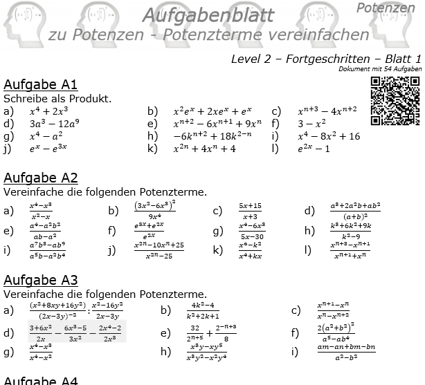 Potenzterme vereinfachen Aufgabenblatt Level 2 / Blatt 1 © by www.fit-in-mathe-online