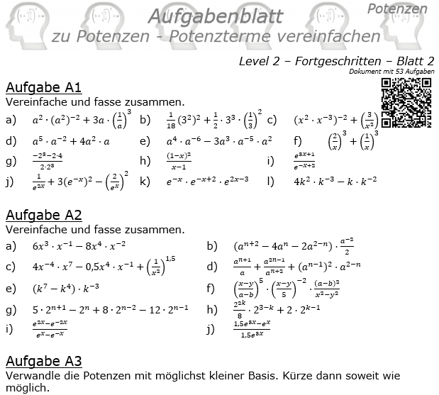 Potenzterme vereinfachen Aufgabenblatt Level 2 / Blatt 2 © by www.fit-in-mathe-online