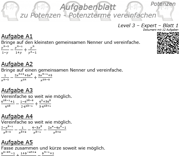 Potenzterme vereinfachen Aufgabenblatt Level 3 / Blatt 1 © by www.fit-in-mathe-online