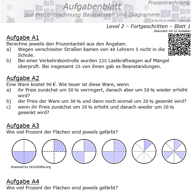 Prozentrechnung Basiswissen Aufgabenblatt 2/1 / © by Fit-in-Mathe-Online.de