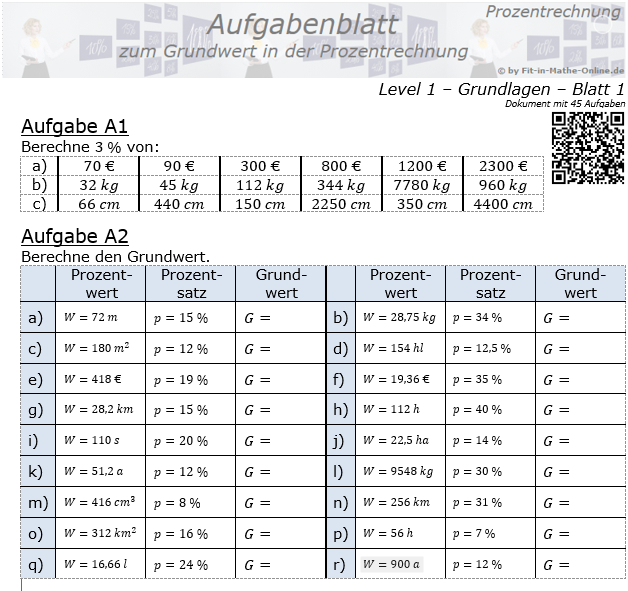 Grundwert in der Prozentrechnung Aufgabenblatt 1/1 / © by Fit-in-Mathe-Online.de
