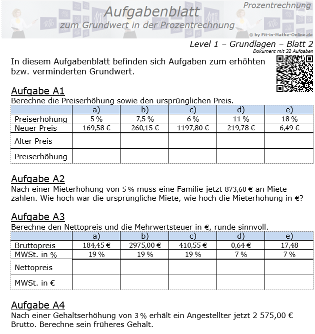 Grundwert in der Prozentrechnung Aufgabenblatt 1/2 / © by Fit-in-Mathe-Online.de