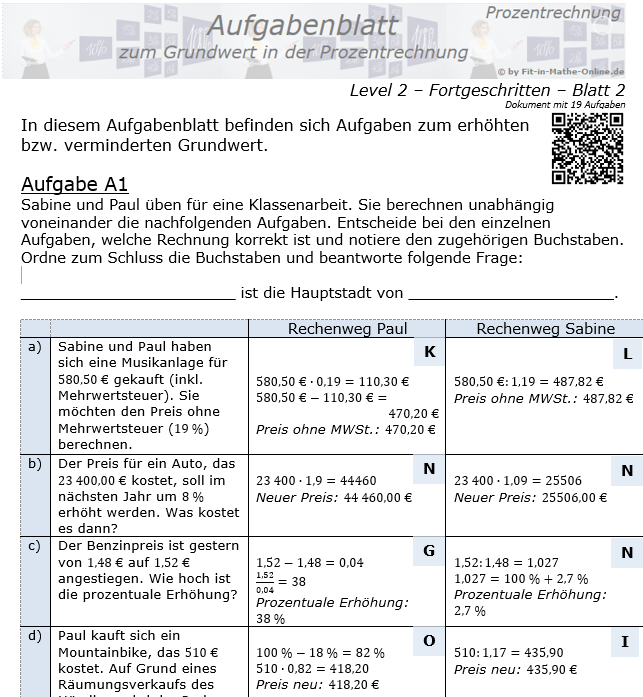 Grundwert in der Prozentrechnung Aufgabenblatt 2/2 / © by Fit-in-Mathe-Online.de