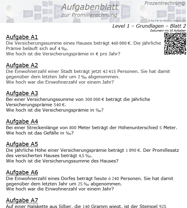 Promillerechnung Aufgabenblatt 1/2 / © by Fit-in-Mathe-Online.de