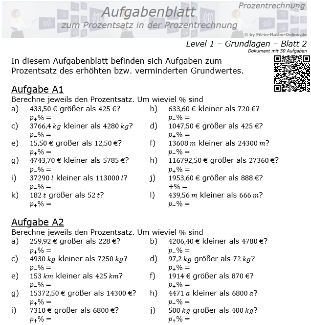 Prozentsatz in der Prozentrechnung Aufgabenblatt 1/2 / © by Fit-in-Mathe-Online.de