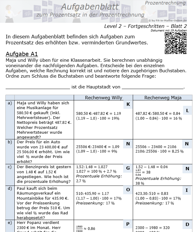Prozentsatz in der Prozentrechnung Aufgabenblatt 2/2 / © by Fit-in-Mathe-Online.de