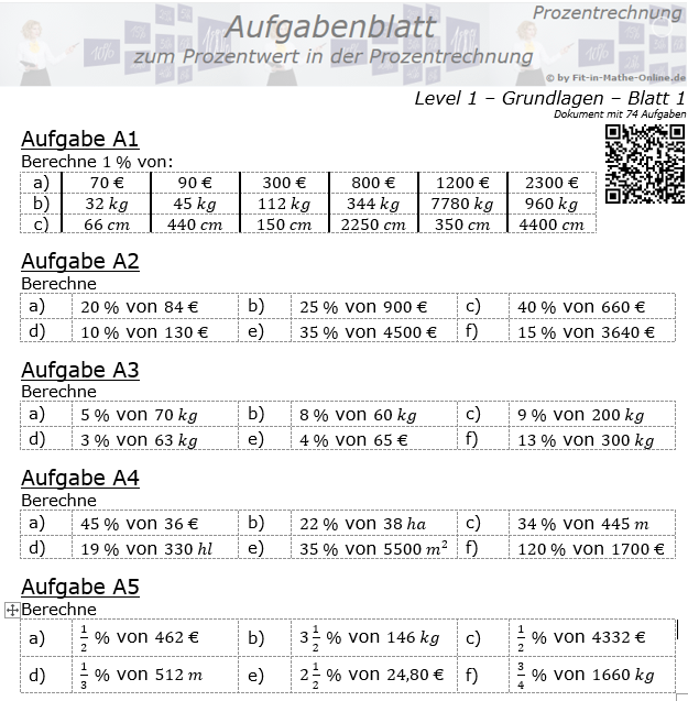Prozentwert in der Prozentrechnung Aufgabenblatt 1/1 / © by Fit-in-Mathe-Online.de