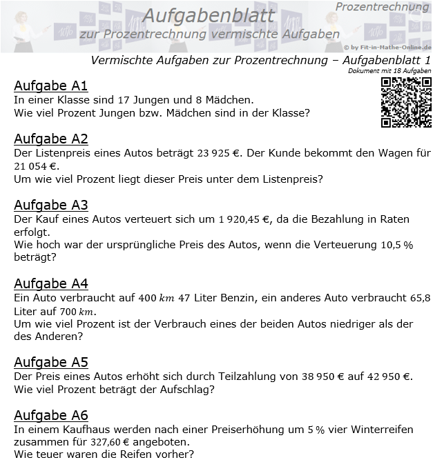 Vermischte Aufgaben der Prozentrechnung Aufgabenblatt 1 / © by Fit-in-Mathe-Online.de