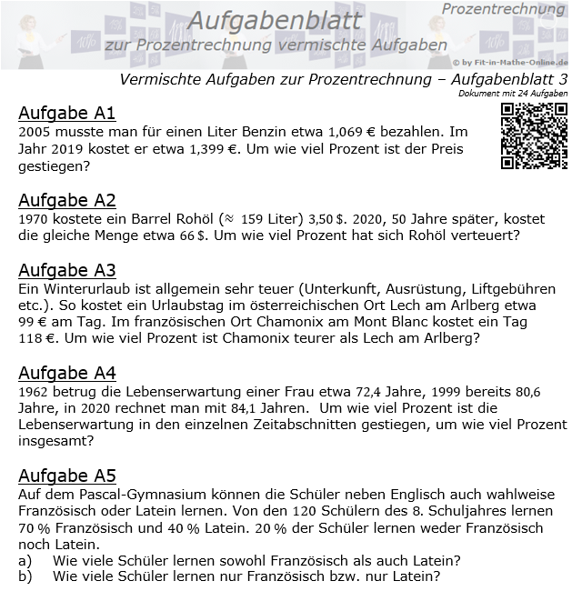 Vermischte Aufgaben der Prozentrechnung Aufgabenblatt 3 / © by Fit-in-Mathe-Online.de